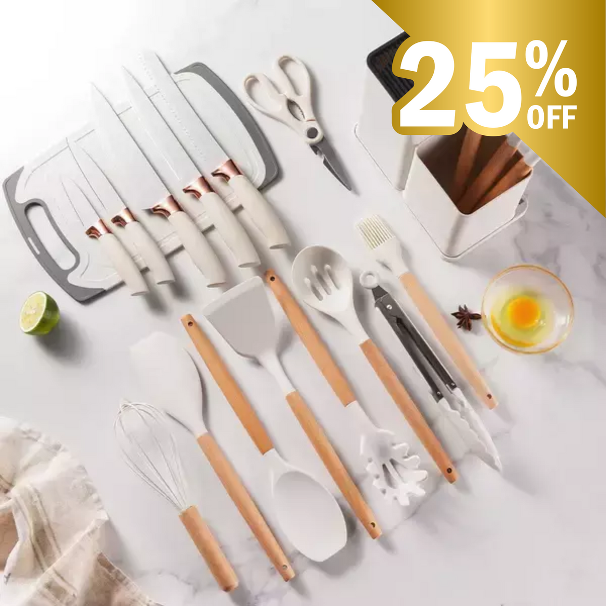 Conjunto de 19 Utensílios de Silicone com Facas e Tábua